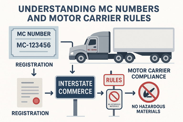 Educational infographic showing a semi-truck, labeled MC Number certificate, and regulatory signs. Arrows illustrate the registration process and motor carrier compliance rules. Clean design uses blue, charcoal, and red colors, ensuring legibility and clarity on MC Numbers and motor carrier regulations.