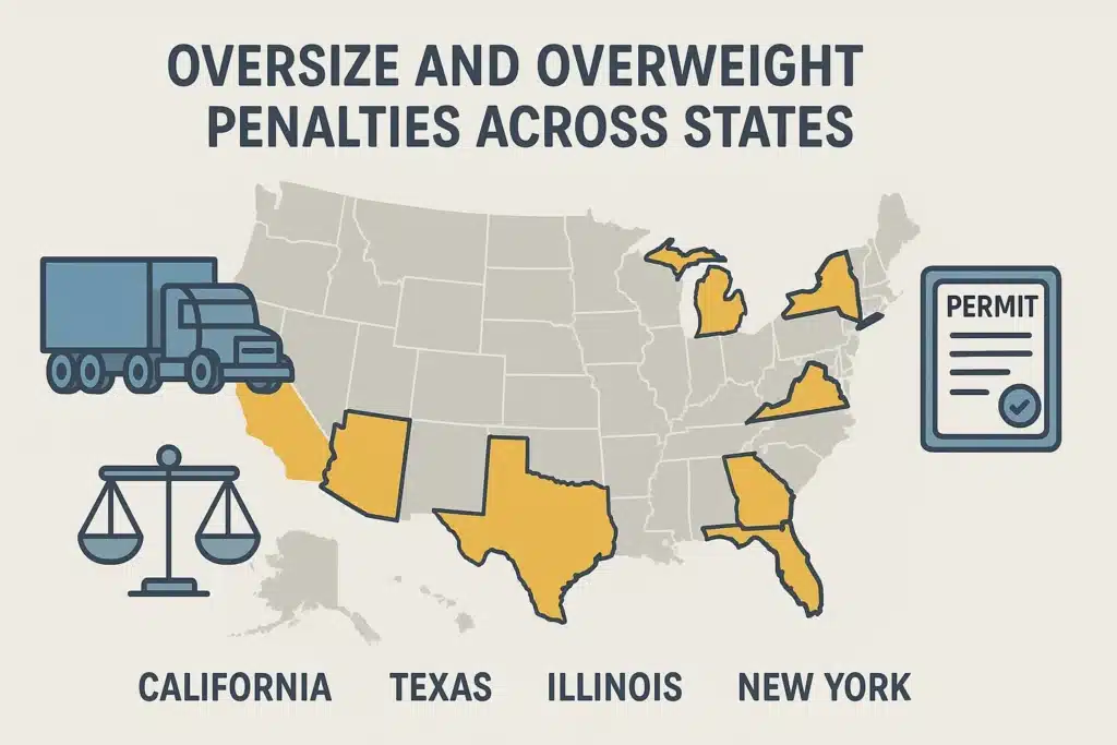 Illustrated U.S. map highlighting California, Texas, New York, Florida, and Illinois with trucking icons and permit graphics, showing how fines for oversize and overweight violations vary by state.