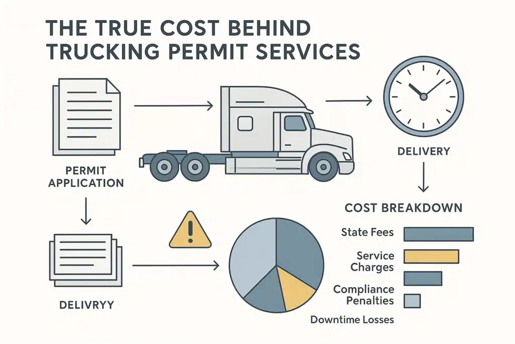 Minimalist infographic showing a truck, paperwork, clocks, dollar bills, and hazard icons. Arrows map the trucking permit process, with cost breakdowns via bar graphs and pie charts. Uses muted blues, slate gray, and gold. Design emphasizes clarity, accessibility, and educational value.