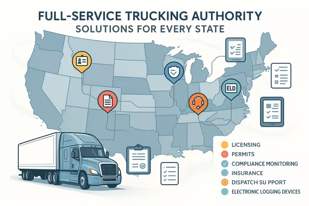 Infographic of US map with each state outlined, showing colored icons for trucking services like licensing, permits, compliance, insurance, dispatch, and ELDs. Modern semi-truck, documents, tablet, and checklists border the clean, professional design with clear service connections and legend.