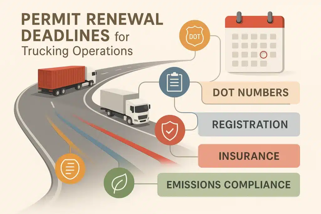 Minimalist infographic showing a curved highway with semi-trucks, containers, and a calendar icon. Distinct colored lanes highlight DOT, registration, insurance, and emissions deadlines, each with matching symbols and segmented info boxes for easy permit renewal understanding in trucking operations.